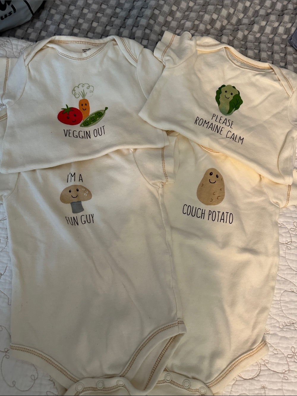 4 piece set Cream Graphic Baby One-Piece Bodysuits - Veggie & Potato Designs